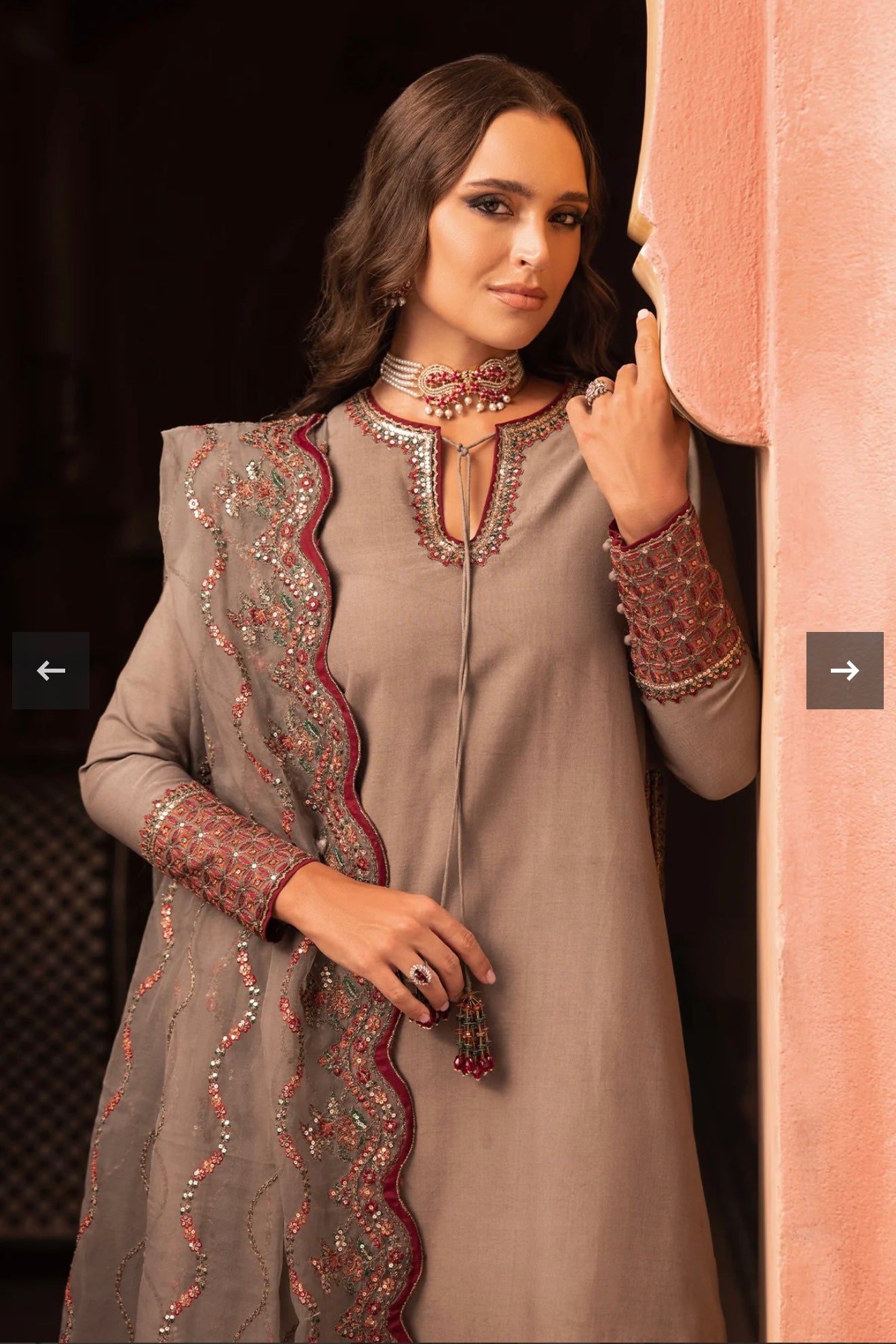 3-PC EMBROIDERED RAW-SILK SUIT CMA-5-130