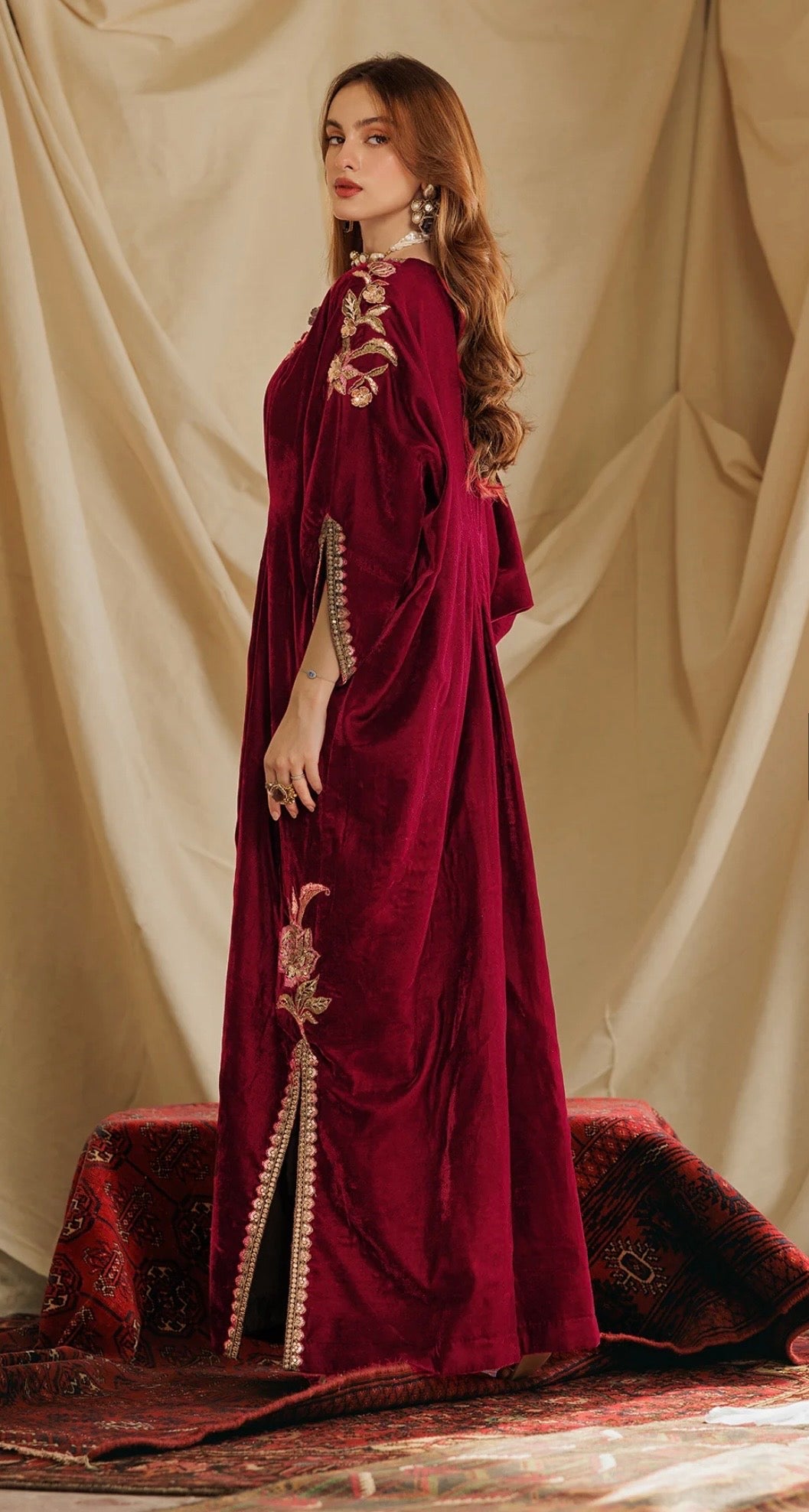 2-PC EMBROIDERED VELVET KAFTAAN WITH SILK TROUSER VVT-5-17 RED