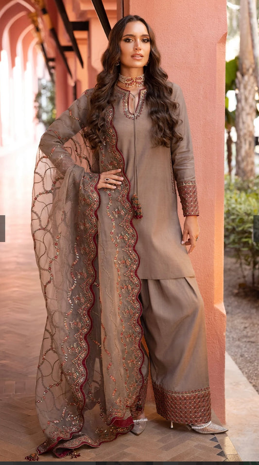 3-PC EMBROIDERED RAW-SILK SUIT CMA-5-130