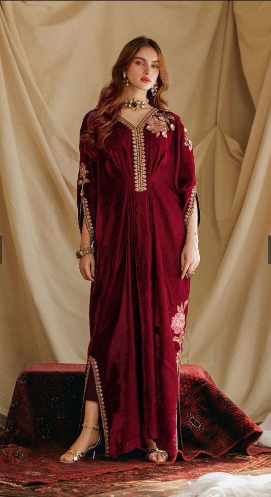 2-PC EMBROIDERED VELVET KAFTAAN WITH SILK TROUSER VVT-5-17 RED